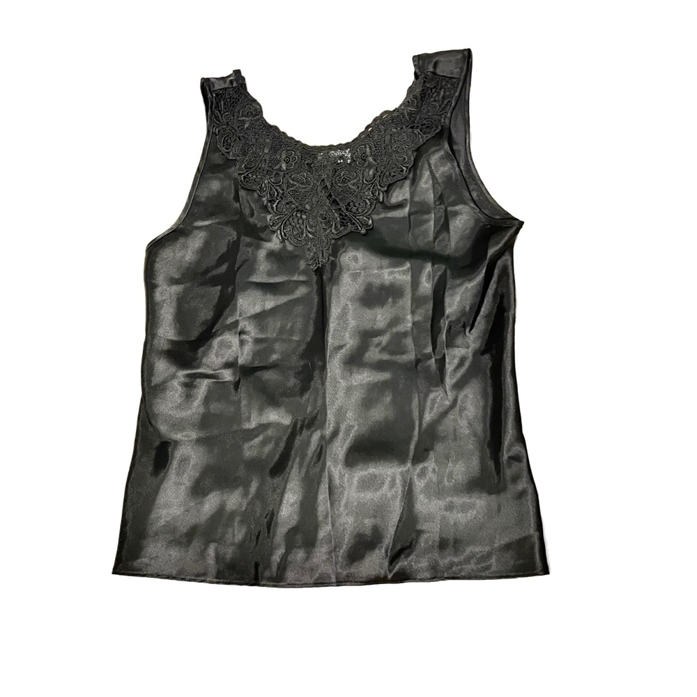 Free w Bundle| Vintage Black Lace Appliqué Cinema Etoile Sleeveless Satin Top